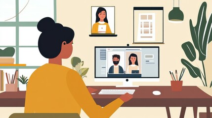 Fototapeta premium A freelancer conducting a video conference with international clients from a home office, Modern lifestyle scene, Professional style