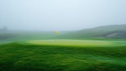 Fog-drenched golf course, solitary yellow flag amidst vibrant green grass, soft light breaking through hazy sky, tranquil and mysterious