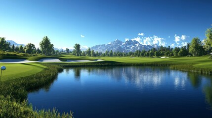 Dynamic golf ball sailing through the air towards the flag, with a detailed landscape of bunkers and shimmering lakes under clear skies