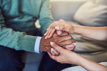 Senior person, compassion and support with holding hands, assistance and grief in nursing home....