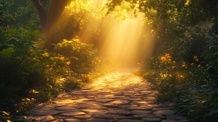 Golden rays illuminating a cobblestone path, representing a healthy and successful life journey, framed by lush green bushes, ethereal atmosphere