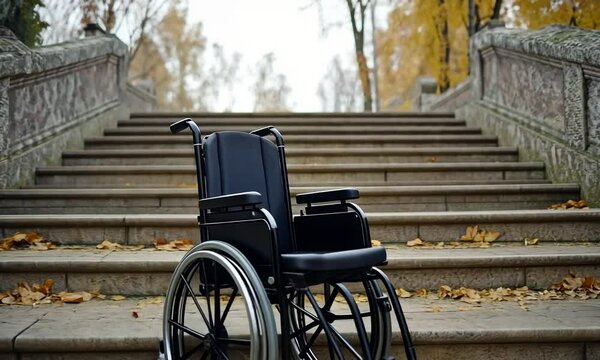 A wheelchair rests on steps surrounded by autumn leaves, symbolizing accessibility challenges.