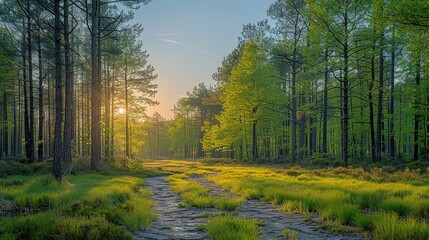 Obraz premium A serene forest landscape at sunrise, showcasing vibrant green trees and a winding path.