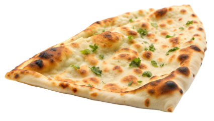 Freshly baked garlic naan bread, crispy edges, with hints of green herbs.  Isolated on transparent or white background.