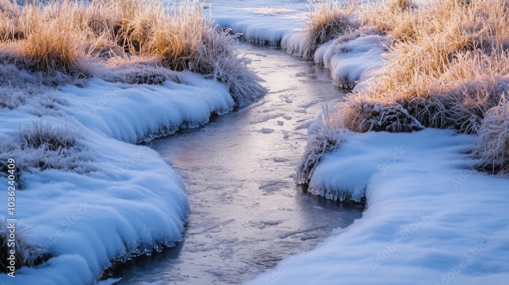 Aufkleber a clear creek flows gently through snowy terrain and frosted grasslands, illuminated by the soft lig