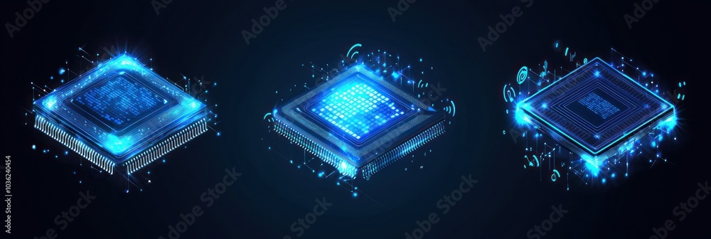 Fototapete Three Illuminated Computer Processors With Glowing Circuitry