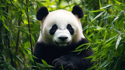 Fototapeta premium Panda eats bamboo shoots. Rare and endangered black and white bear. Image of a playful, happy panda 
