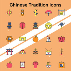 Set of Chinese tradition icons showcasing cultural practices and symbols ideal for heritage and cultural themes.