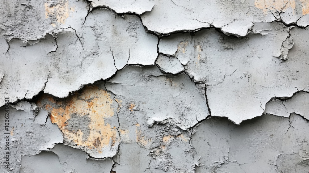 Poster the surface of a gray wall displays significant wear with cracks and areas of peeling paint, highlig