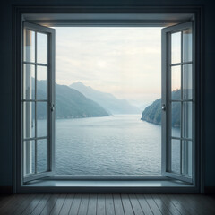 a serene view through a window. The window has a panoramic view of a mountainous landscape.