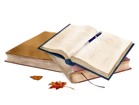 recommend clip art: An open book lies on a stack of books. Watercolor illustration in digital style. Old books isolated on white background. Autumn leaves and a fountain pen. For a book lover, on school and student theme