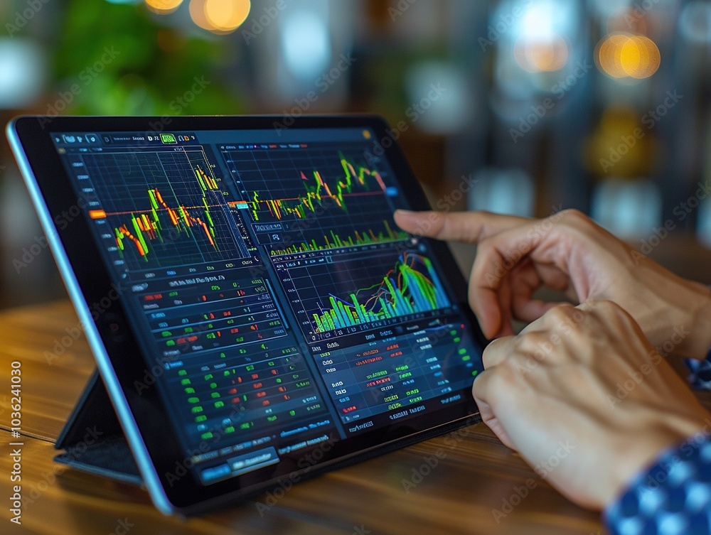 Aufkleber a tablet displaying stock market graphs and data analysis with a person's hand interacting.