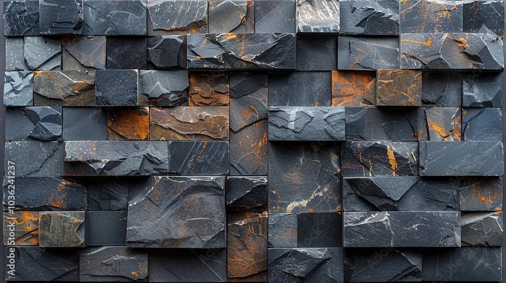 Poster a textured wall made of dark, angular stone blocks with hints of rust.
