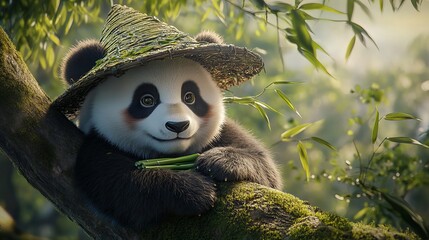 Fototapeta premium Giant panda wearing a bamboo hat is resting on a tree and eating bamboo shoots, showing beautiful views 
