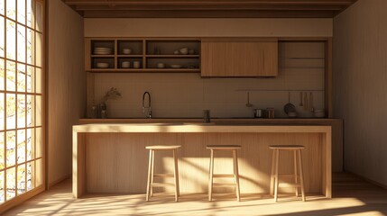 Minimalist kitchen interior with wooden cabinets and stools. 3D Rendering