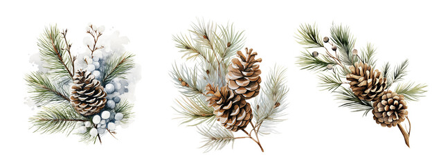 watercolor painting of a tender christmas green pine branch with pine cones. christmas winter clipart. vintage holiday floral watercolor painting.