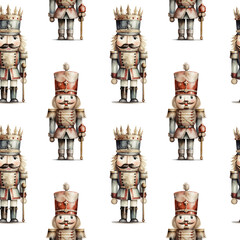 Naklejka premium Christmas watercolor seamless pattern - nutcracker in traditional soldier outfit on white background. new year winter clipart. vintage holiday watercolour illustration.