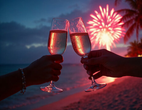 Hands of different people toasting glasses of champagne. In the background several fireworks