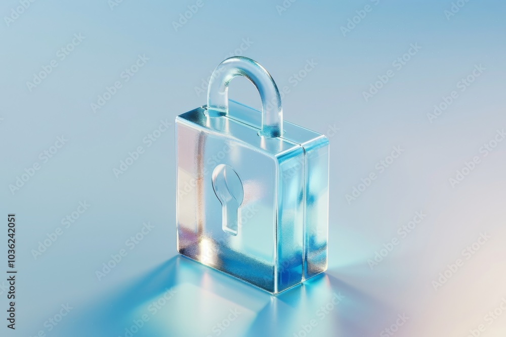 Poster a translucent lock is placed on a smooth surface, reflecting light. concept of security and protecti