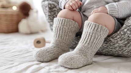 Baby legs. Crawling baby in gray socks and overalls. View from above.
