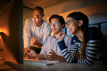 Design, fist pump and night with game developer people in office for deadline celebration or success. Creative, motivation or support with man and woman programmer team in workplace for complete task