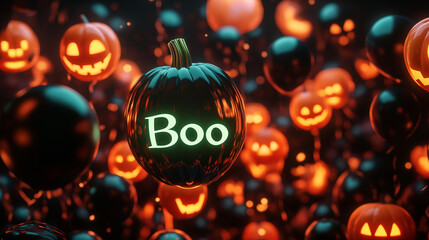 "Boo" glowing in neon green, with floating black and orange balloons, some with jack-o'-lantern and ghost faces, creating a glowing, eerie Halloween look