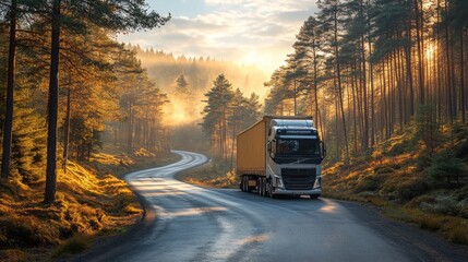 A truck makes its way down a curved road surrounded by tall trees as the morning sun casts a warm glow and mist envelops the landscape.