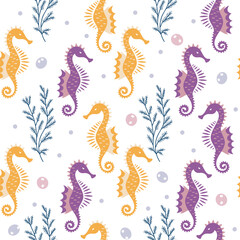 bright seahorses on a white background. seamless pattern Vector illustration