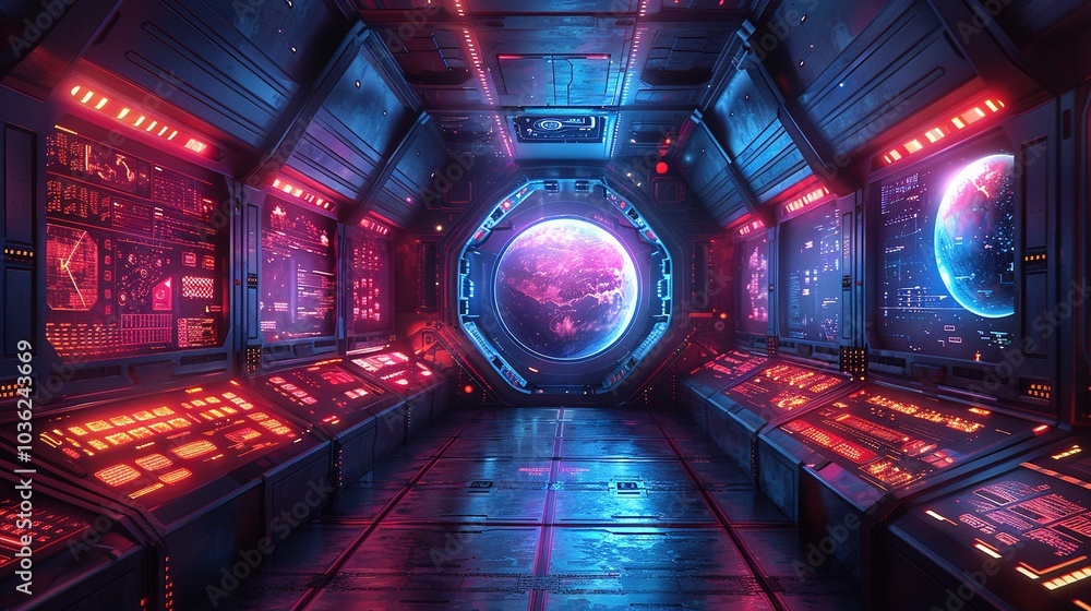 Poster futuristic spaceship interior with glowing controls and a view of a distant planet.