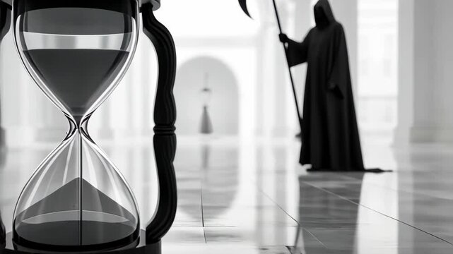 Grim Reaper holding a scythe standing behind an hourglass on a table.