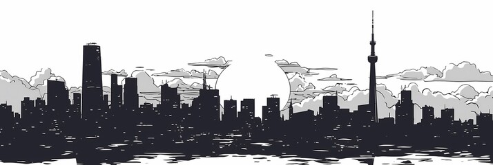 Obraz premium High Contrast Skyline of a Bustling City at Dusk With Dramatic Clouds and Vibrant Energy