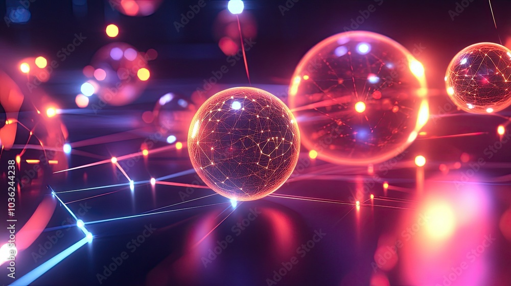 Poster 3d digital spheres connected by lines, glowing on a tech process background