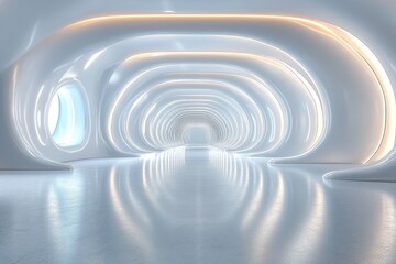 Obraz premium Futuristic White Tunnel with Illuminated Arcs and Reflective Floor