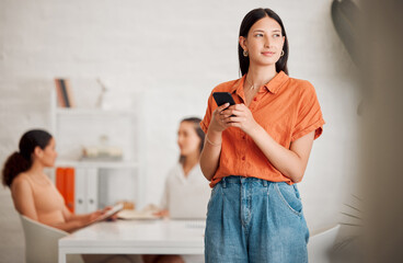 Office, businesswoman and thinking with cellphone for chat, text message or notification from...