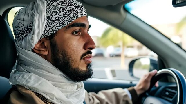 Arab Man driving car side view of face and hand on steering wheel.