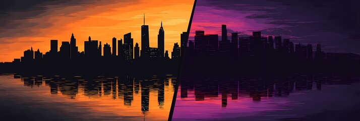 Obraz premium High Contrast City Skyline at Dusk Showcasing Vibrant Colors Reflecting on Tranquil Waters