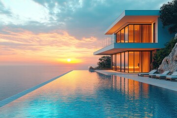 Fototapeta premium Modern Cliffside Home with Infinity Pool at Sunset