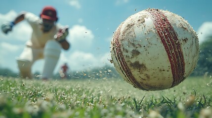 A close-up view of a muddy cricket ball in mid-air, with a blurry figure of a cricketer running toward it in the background.