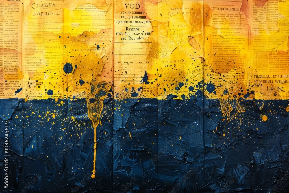 Poster abstract image of yellow and blue paint splatters over textured paper with text. concept is artistic