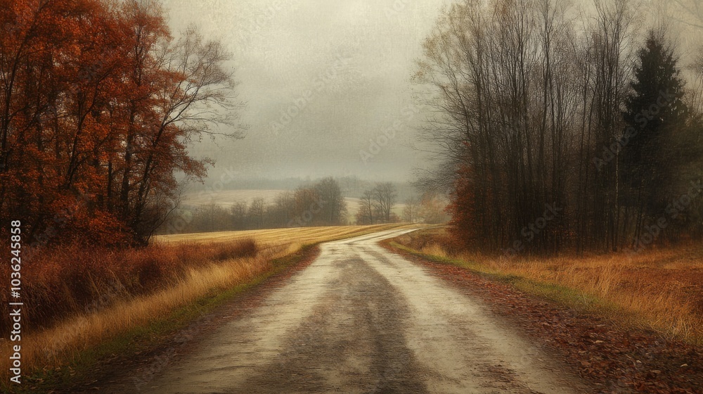 Poster a winding dirt road meanders through a tranquil autumn landscape, lined with trees showcasing vibran