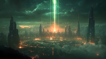 A ring of powerful laser cannons encircling a high-tech futuristic city, firing at incoming alien ships in the sky, glowing force fields activated