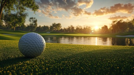 Golf ball in mid-air, heading straight toward the flag, picturesque golf course view with bunkers and sparkling water hazards, professional tournament