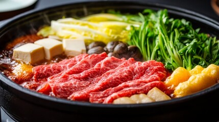Colorful Hot Pot with Fresh Ingredients and Meats