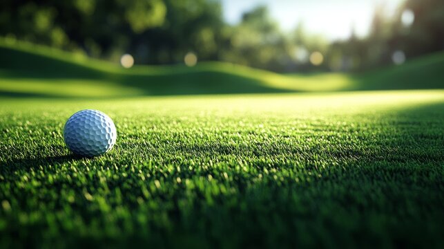 A golf ball resting near the hole on an immaculate green, flag pin waving in the light breeze, golden hour light casting long shadows across the grass