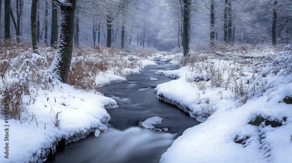 Poster A peaceful winter scene features a gently flowing stream winding through a dense forest. Snow blankets the trees and ground, creating a tranquil atmosphere during twilight hours.