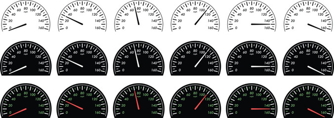 Car speedometer. A speedometer in mph with different speeds from zero to max.