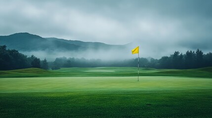 Obraz premium Fog sweeps across a quiet golf course, with a vibrant yellow flag marking its place among the emerald green grass under the ominous grey sky