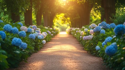 Peaceful path bathed in soft morning light, symbolizing the road to health and success, lined with trees and flowers, calm and inviting ambiance