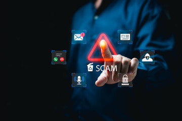 Scam Protection concept, Hacker, Fraudulent online, Scammers, Businessmen delete scams to prevent...