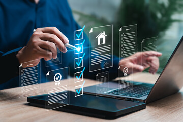 Real estate business analysis, checklist, Real estate lease contract concept, Businessman checklist...